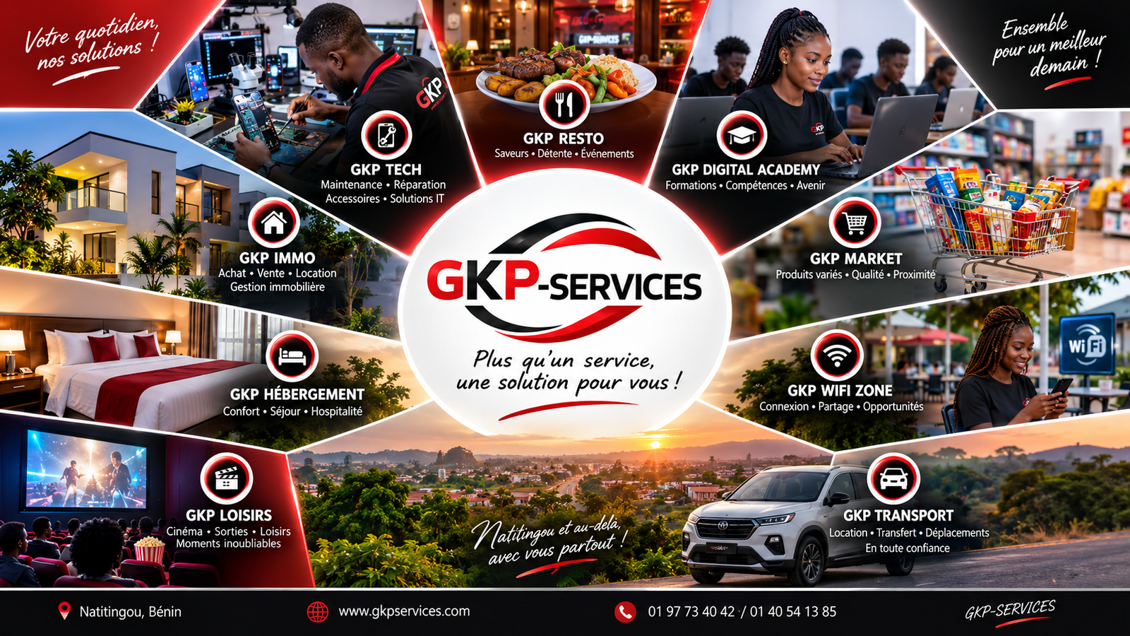 Les neuf branches de GKP-SERVICES : Tech, Resto, Digital Academy, Market, WiFi Zone, Transport, Loisirs, Hébergement et Immo